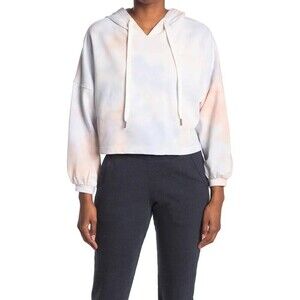 ELODIE Woman's Drawstring Cropped Hoodie Sweatshirt In White Pink Blue Size L